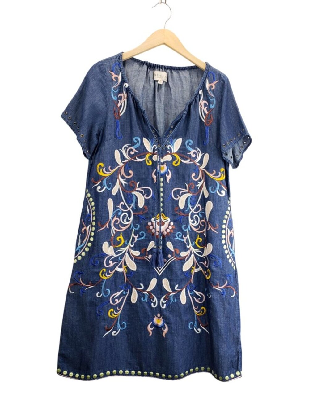 Philosophy Boho Chambray Dress S Blue Floral Embroidery Peasant Tassel Gromets - Picture 2 of 15